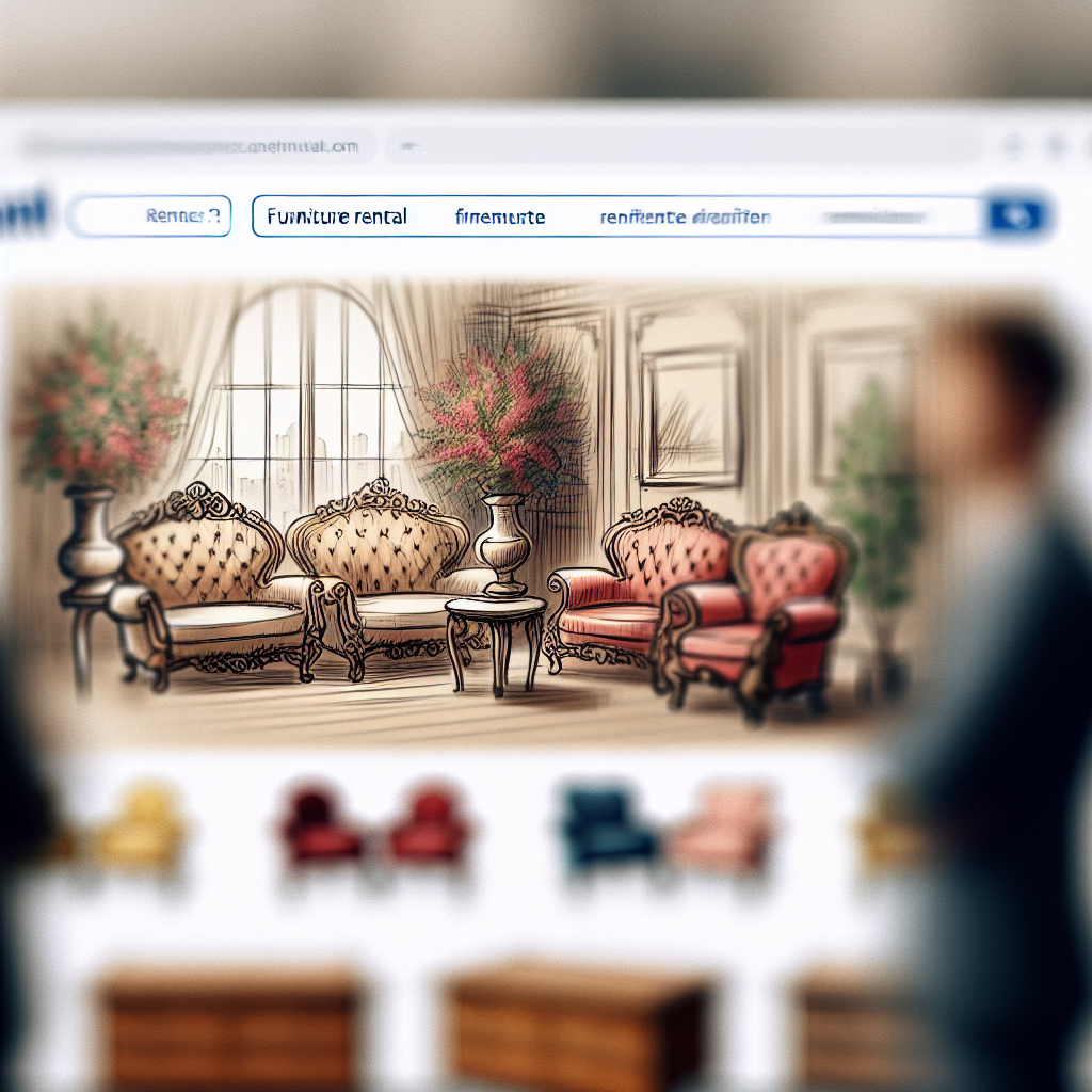 Capture d'écran floutée d'un site de location de meubles avec une mise en page attrayante.