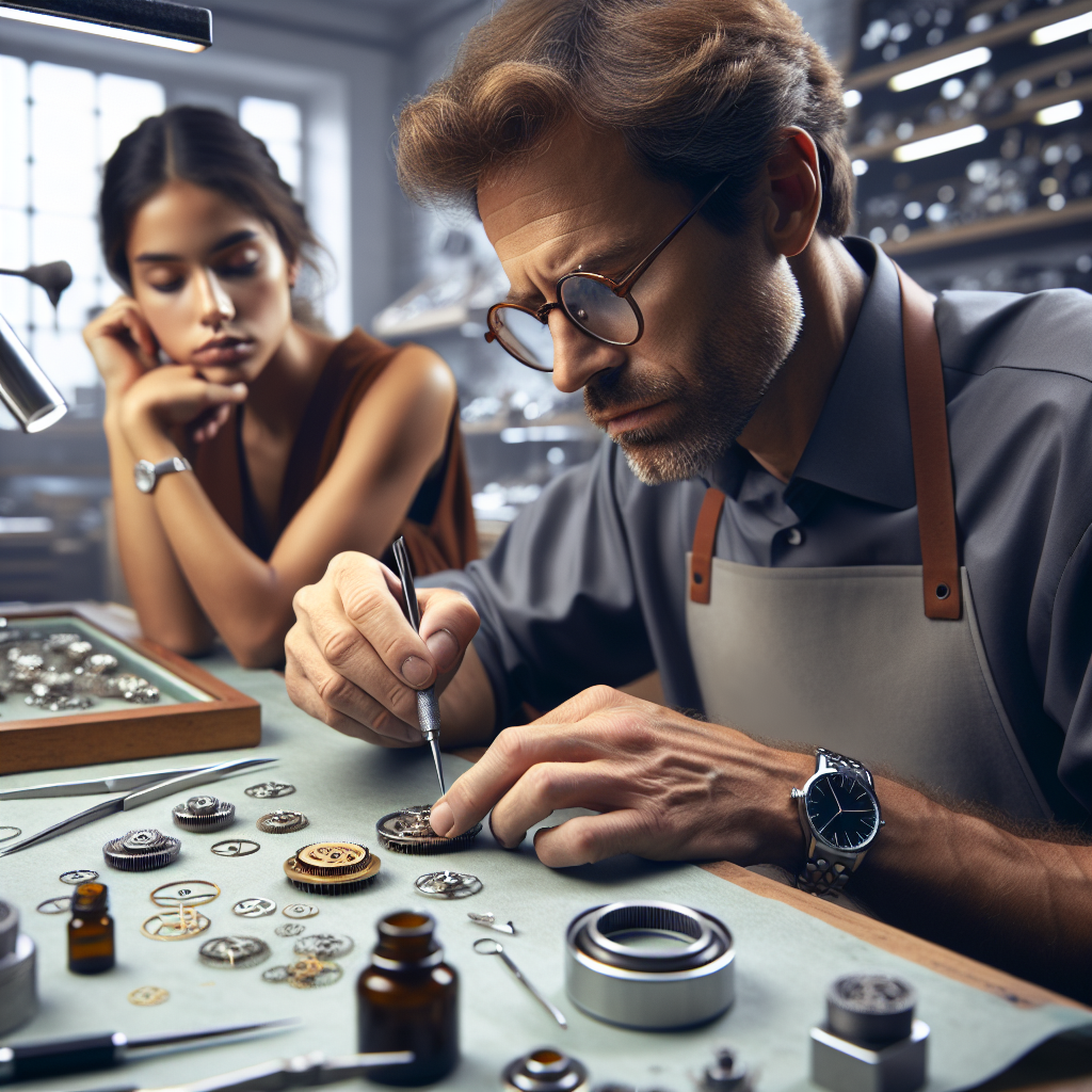 Un artisan horloger travaillant sur une montre dans un atelier moderne.