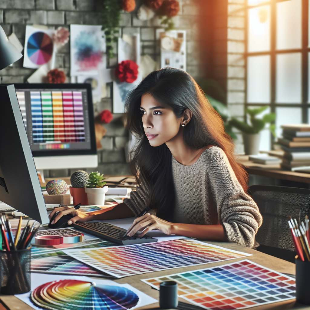 Un designer travaillant sur un ordinateur avec des échantillons de couleurs et de design.