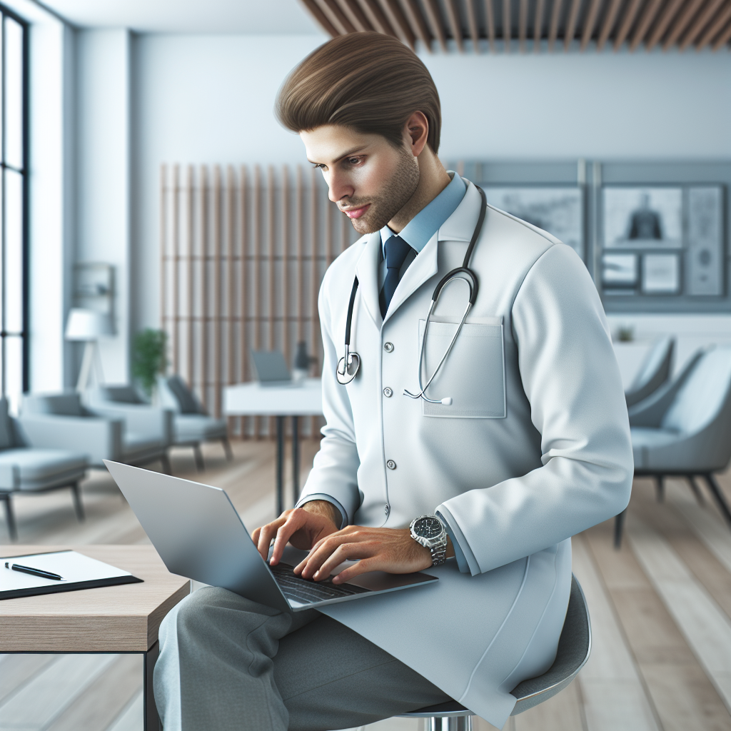 Un professionnel de la santé utilisant un ordinateur portable dans un bureau moderne.