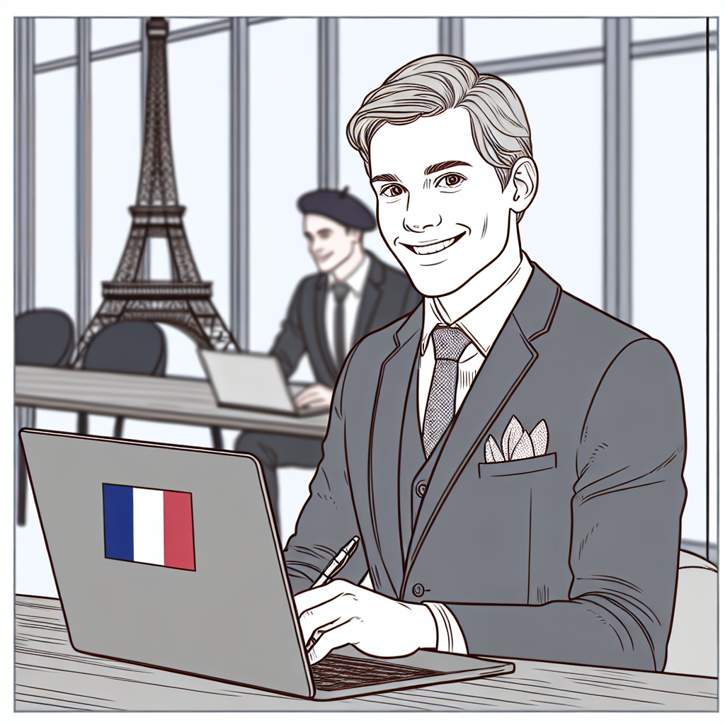 Une personne souriante utilisant un ordinateur portable dans un bureau moderne.