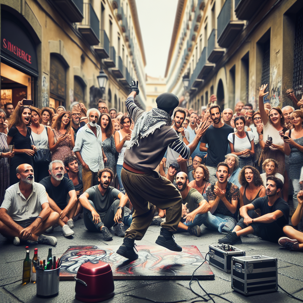 Artiste de rue se produisant devant une foule.