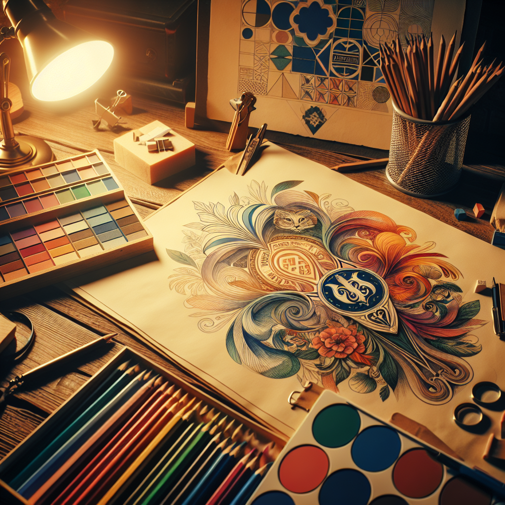 Palette de couleurs et croquis de logo sur un bureau de designer.