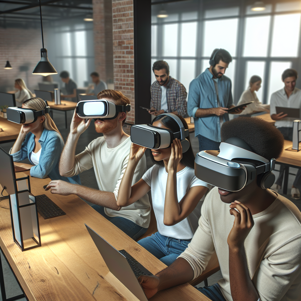 Personnes utilisant des casques de réalité virtuelle dans un espace de travail moderne.