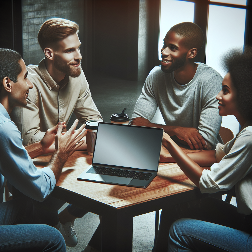 Un groupe de personnes discutant autour d'un ordinateur portable.