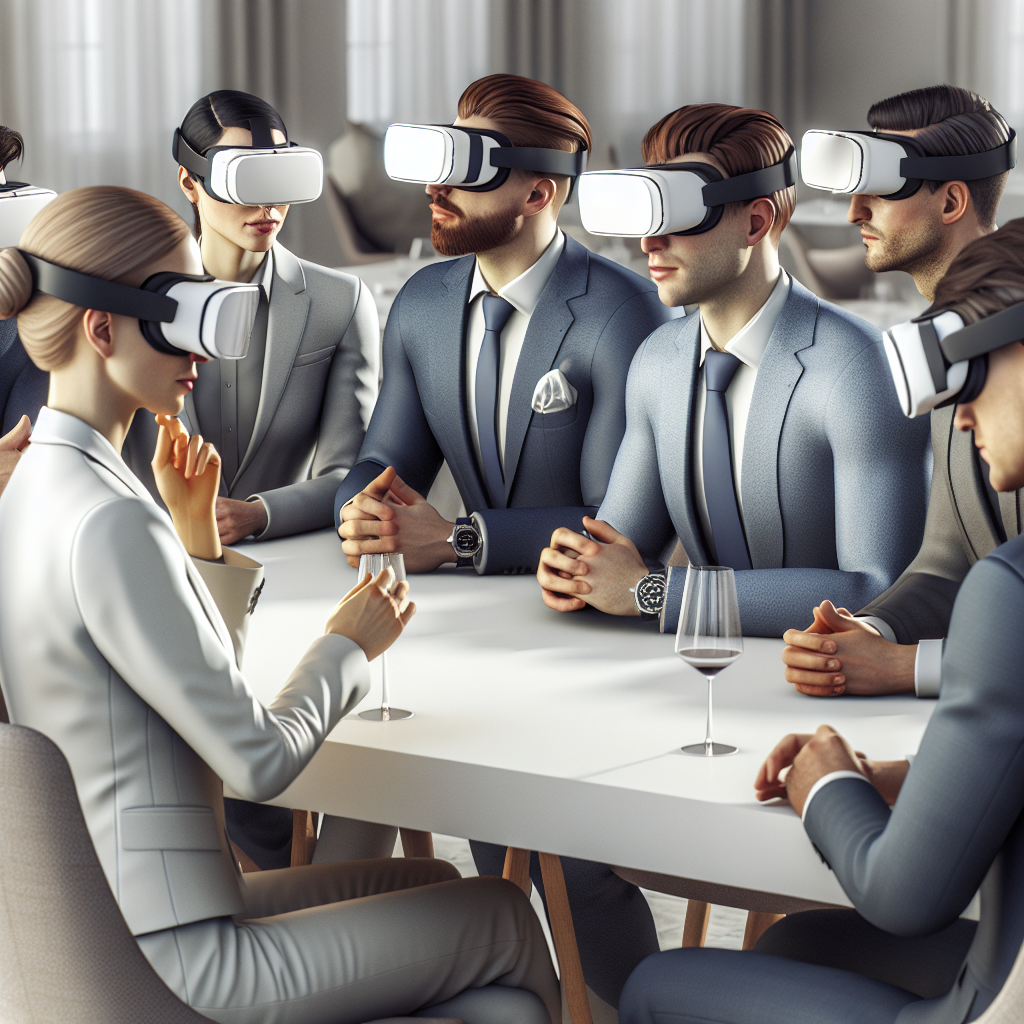 Un groupe de professionnels discutant autour d'une table avec des casques de réalité virtuelle.