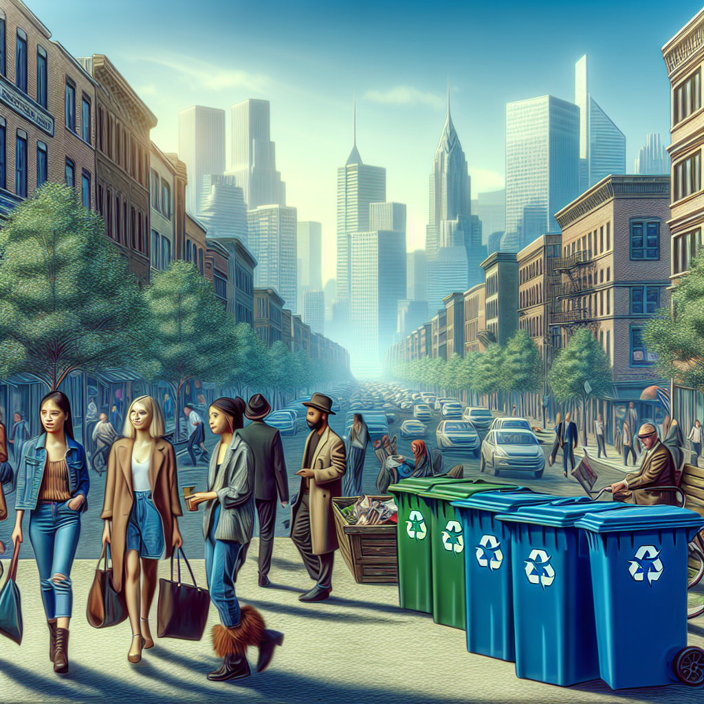 Un paysage urbain avec des bacs de recyclage visibles