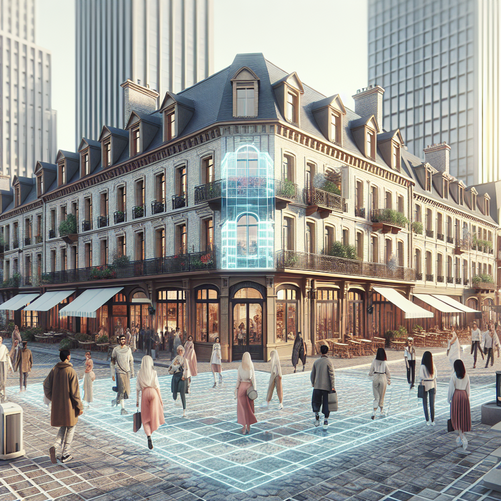 Un paysage urbain avec des éléments de réalité augmentée intégrés.