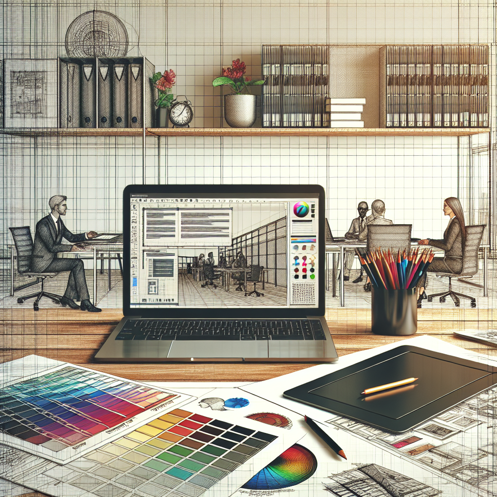 Une scène de bureau moderne avec un ordinateur portable et des outils de création de site web.