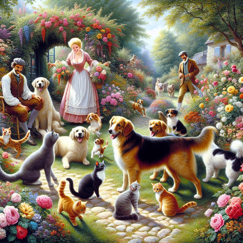 Des images de chiens et de chats heureux jouant dans un jardin.