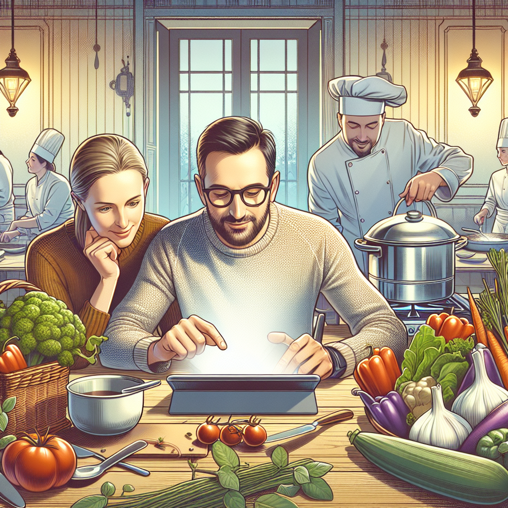 Des visiteurs interagissant avec un site web sur une tablette, entourés d'éléments culinaires.