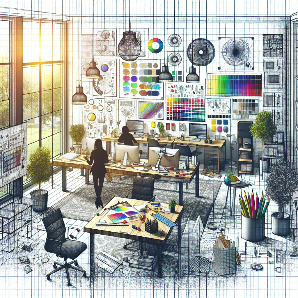 Image d'un bureau moderne avec des échantillons de couleurs et des croquis de design.