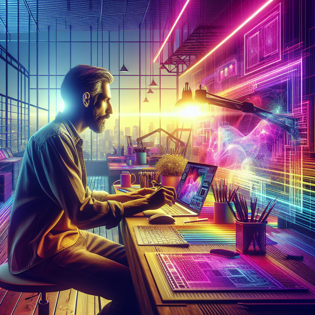 Un artiste numérique travaillant sur un ordinateur portable dans un studio lumineux.