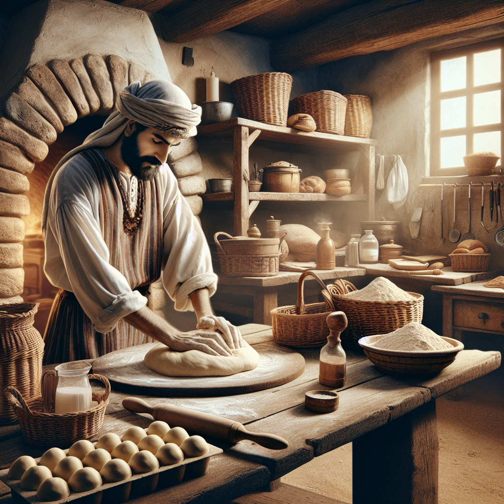 Un boulanger en train de préparer du pain dans une cuisine traditionnelle.