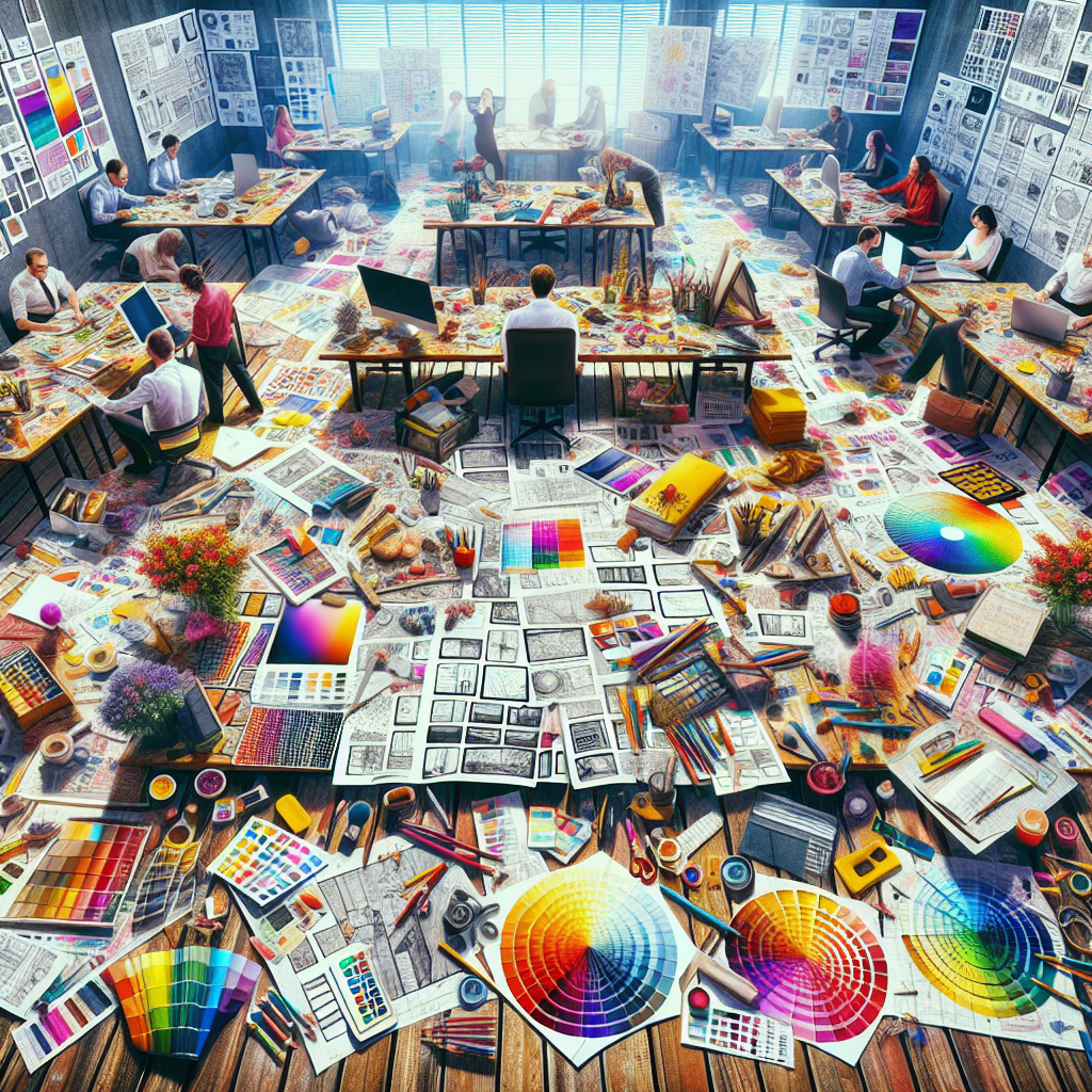 Un bureau de designer avec des échantillons de couleurs et des croquis de design web.