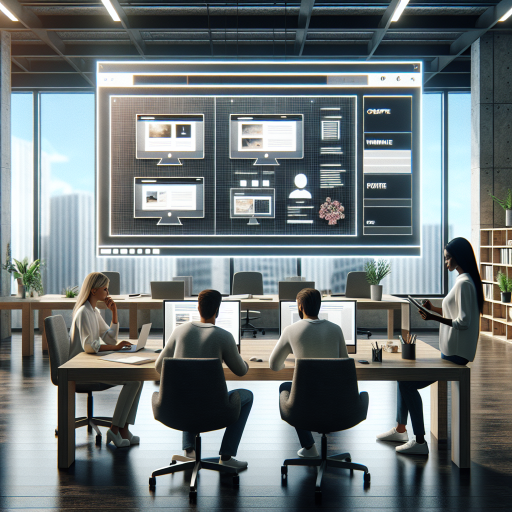 Un bureau moderne avec un ordinateur affichant l'interface de création de site de SiteW.