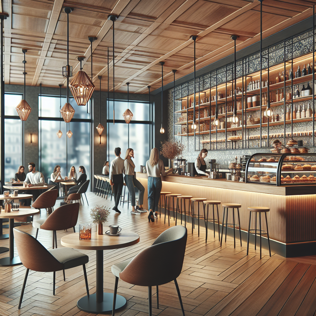 Un café moderne avec une ambiance chaleureuse.