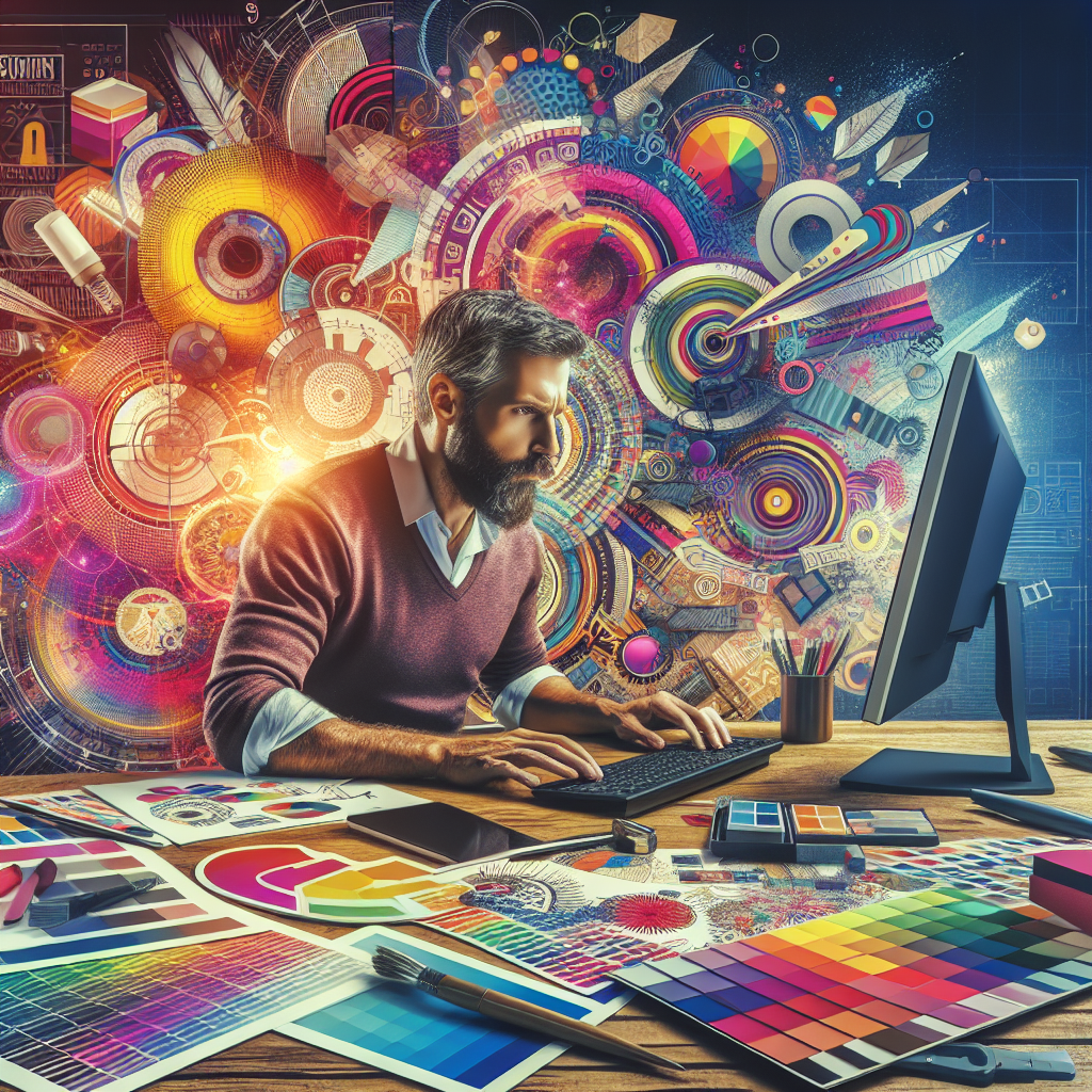 Un designer travaillant sur un ordinateur avec des échantillons de couleurs et de typographies autour.