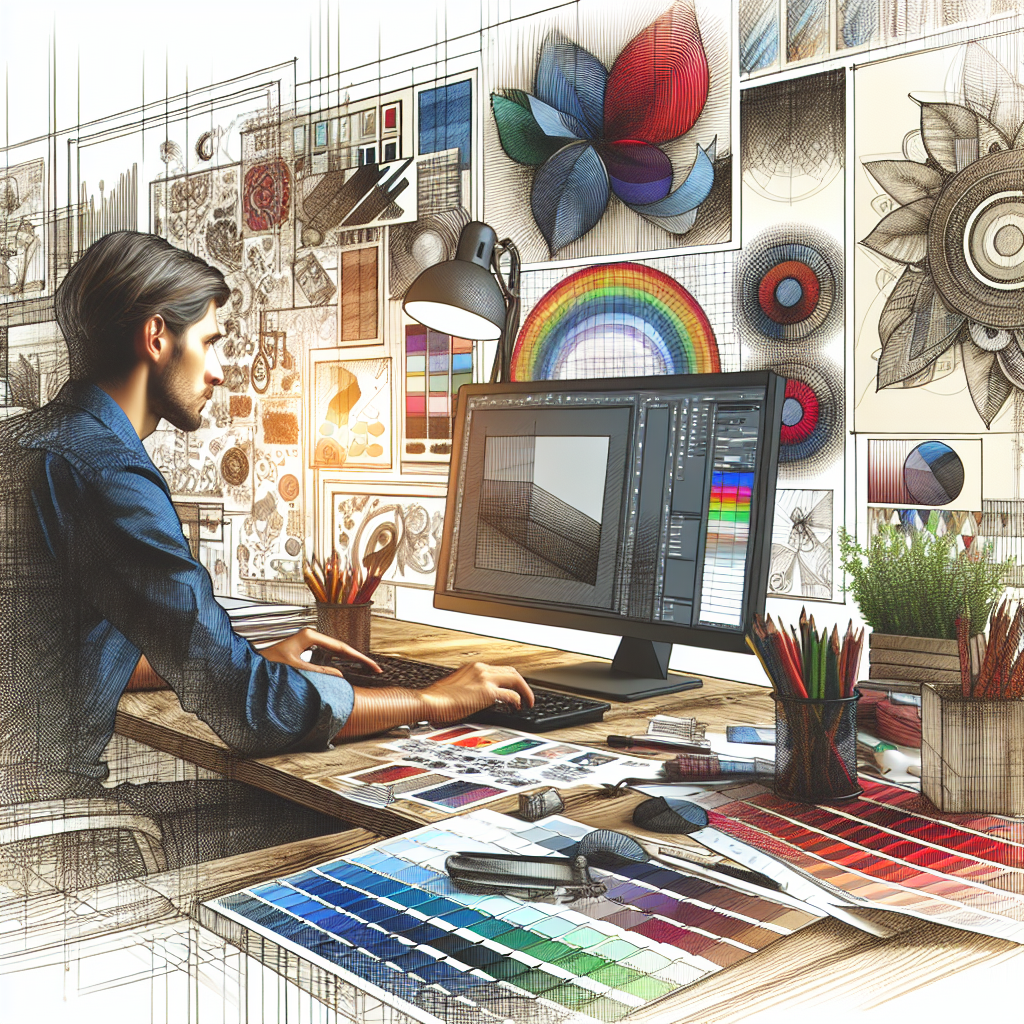 Un designer travaillant sur un ordinateur avec des échantillons de couleurs et des croquis de design.