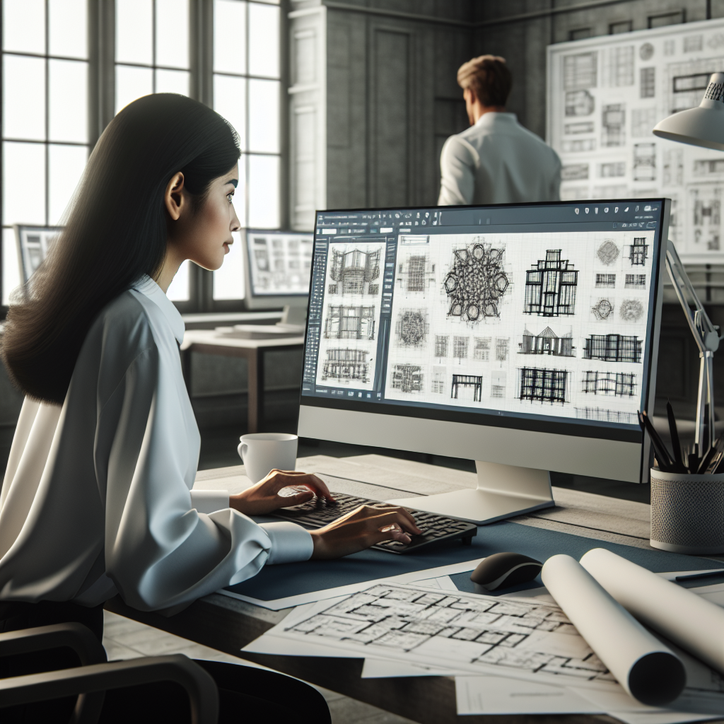 Un designer travaillant sur un ordinateur avec des échantillons de templates affichés à l'écran.