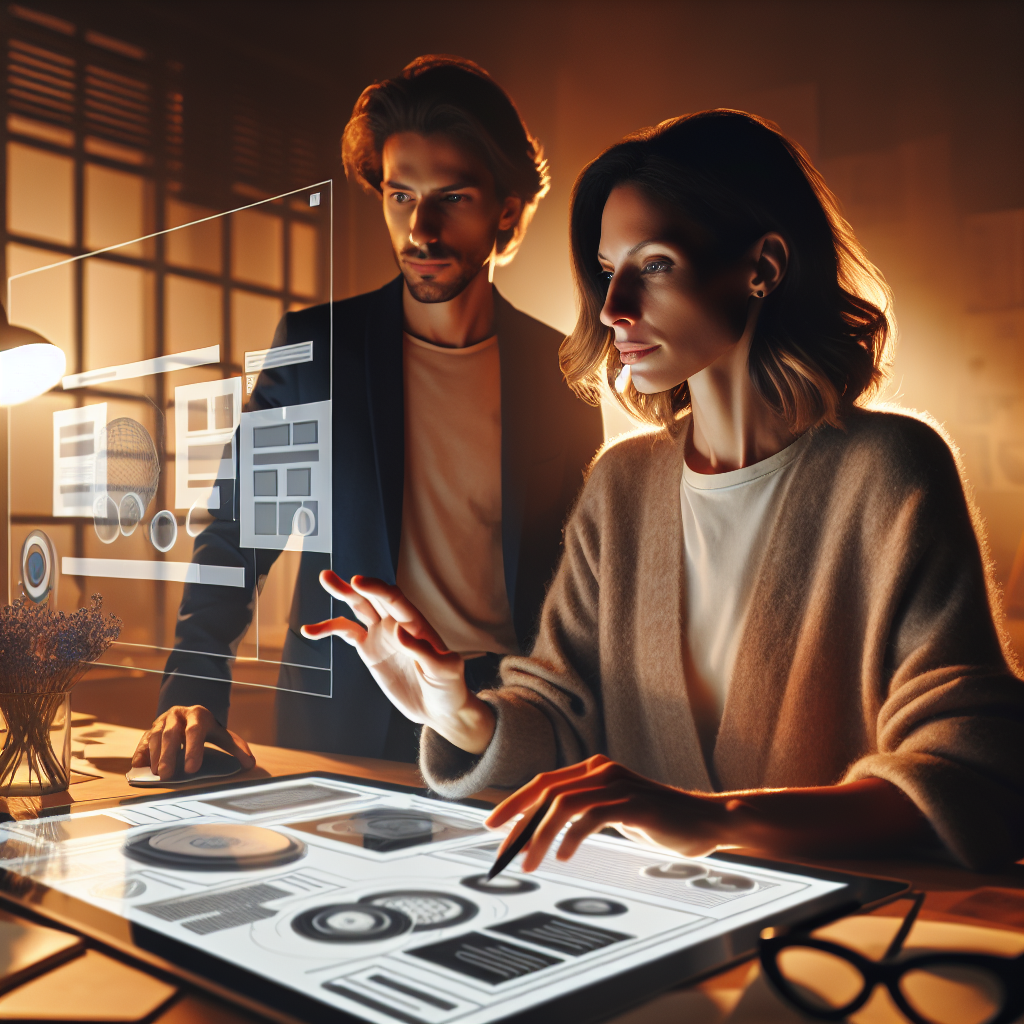 Un designer travaillant sur une maquette de site web avec des éléments de réalité augmentée.