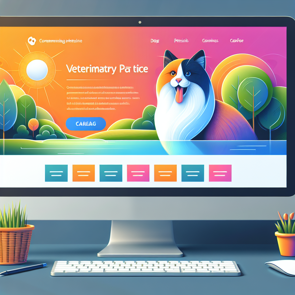 Un écran d'ordinateur affichant un site web vétérinaire moderne et coloré.
