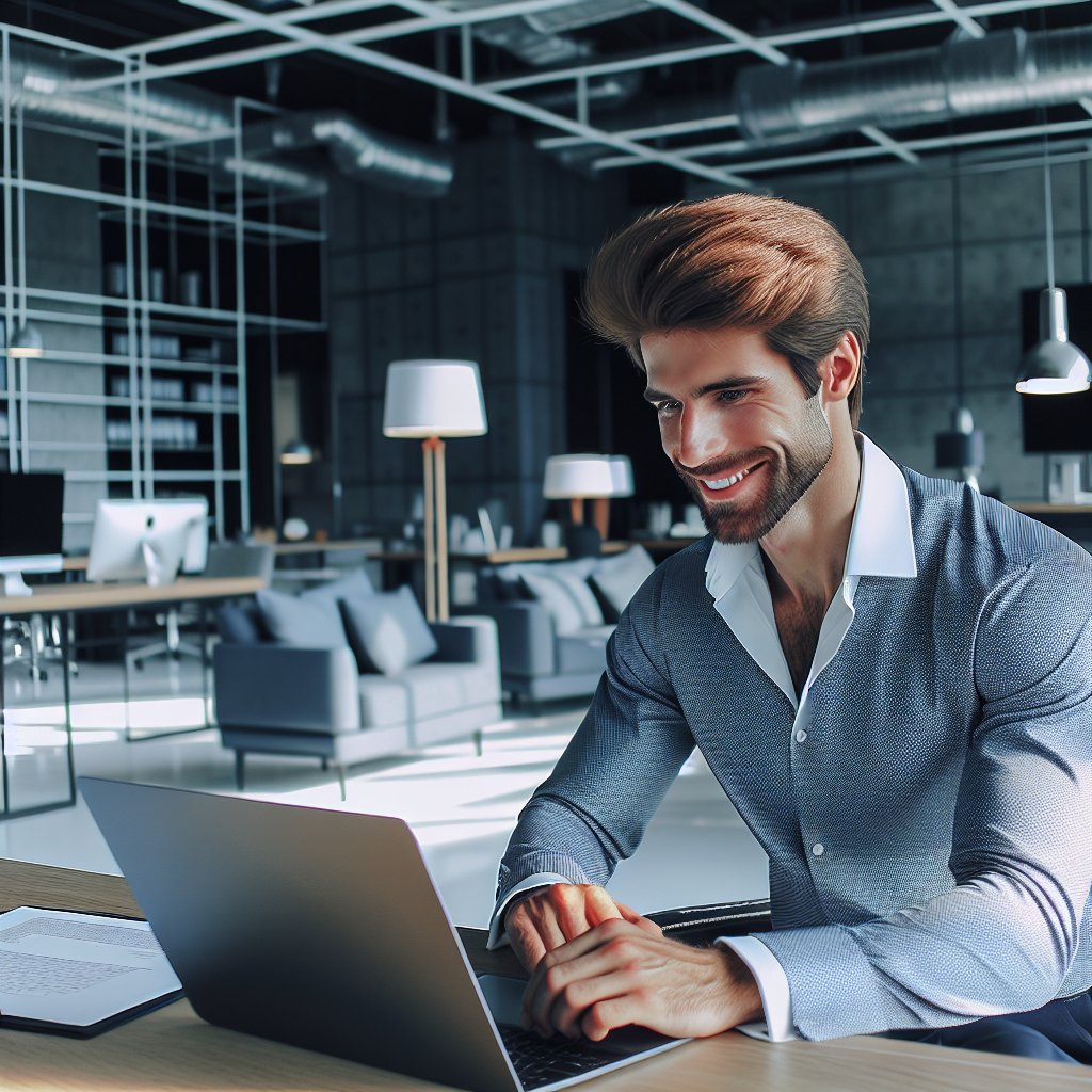 Un entrepreneur satisfait utilisant un ordinateur portable dans un bureau moderne