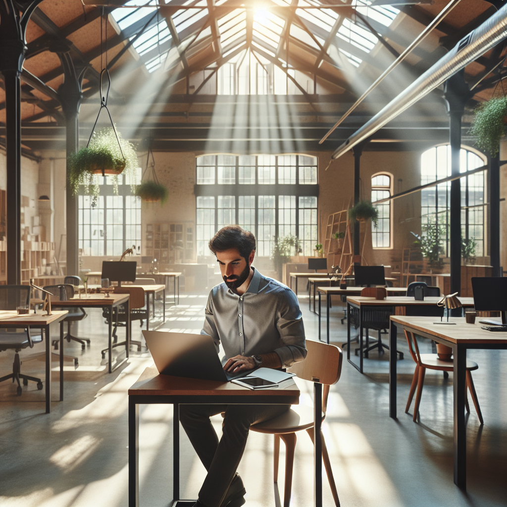 Un entrepreneur utilisant un ordinateur portable dans un espace de coworking moderne.