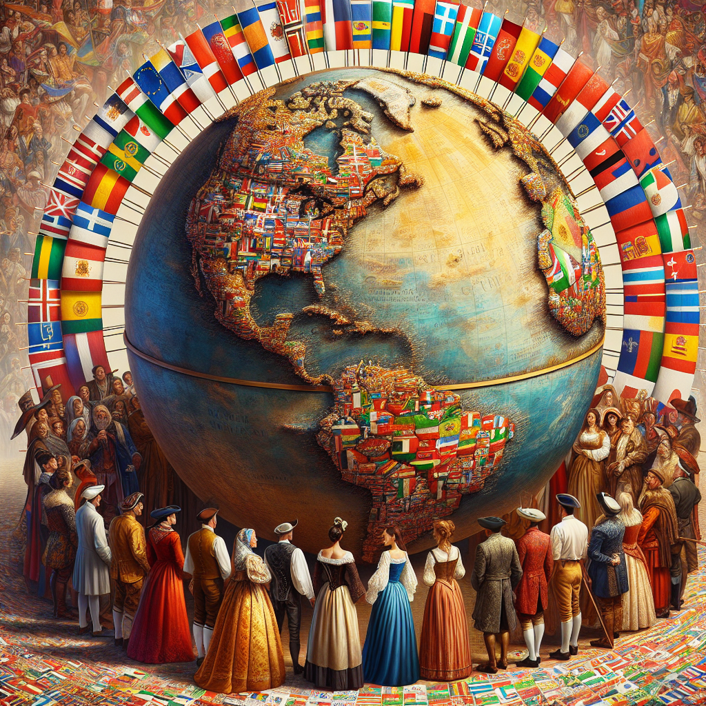 Un globe terrestre entouré de drapeaux de différents pays.