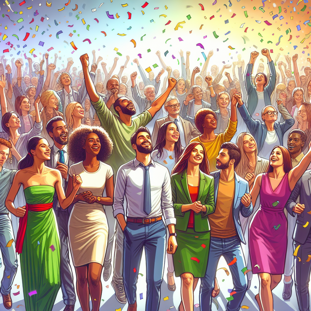 Un groupe de personnes célébrant le lancement d'un projet avec des confettis.