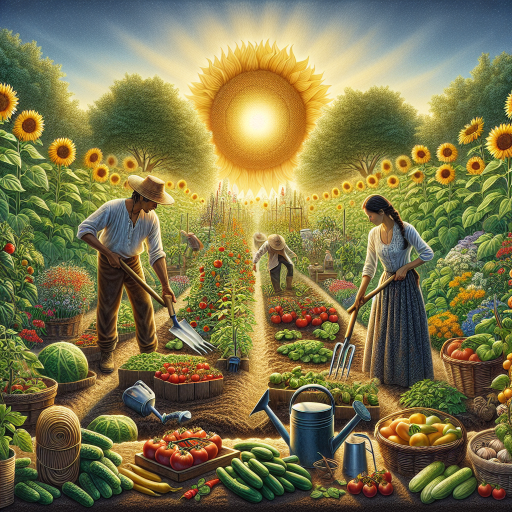 Un jardin de permaculture avec des plantes variées et des outils de jardinage.