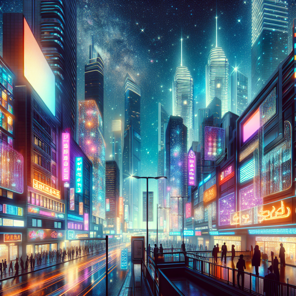 Un paysage urbain avec des enseignes lumineuses.