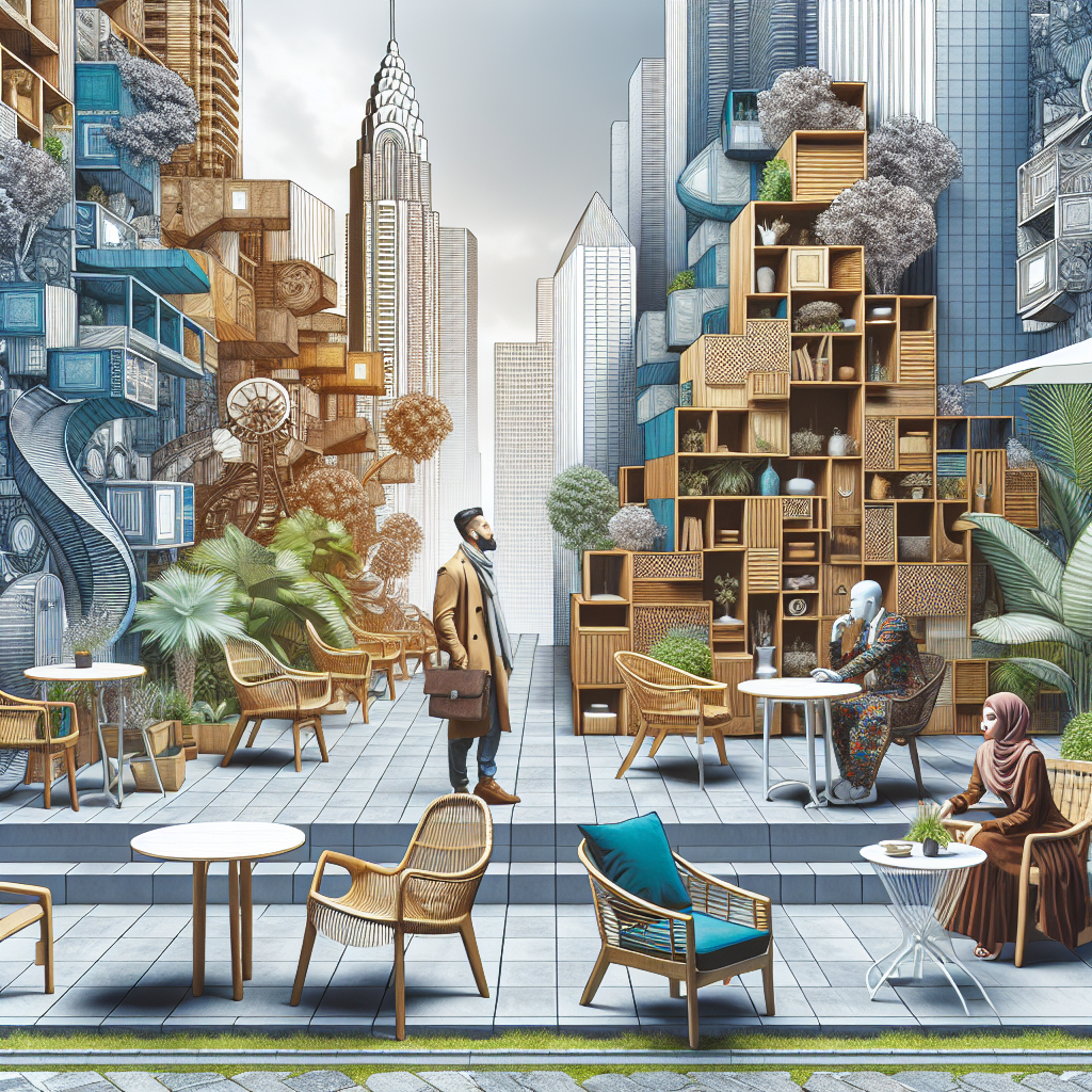 Un paysage urbain avec des meubles recyclés exposés.