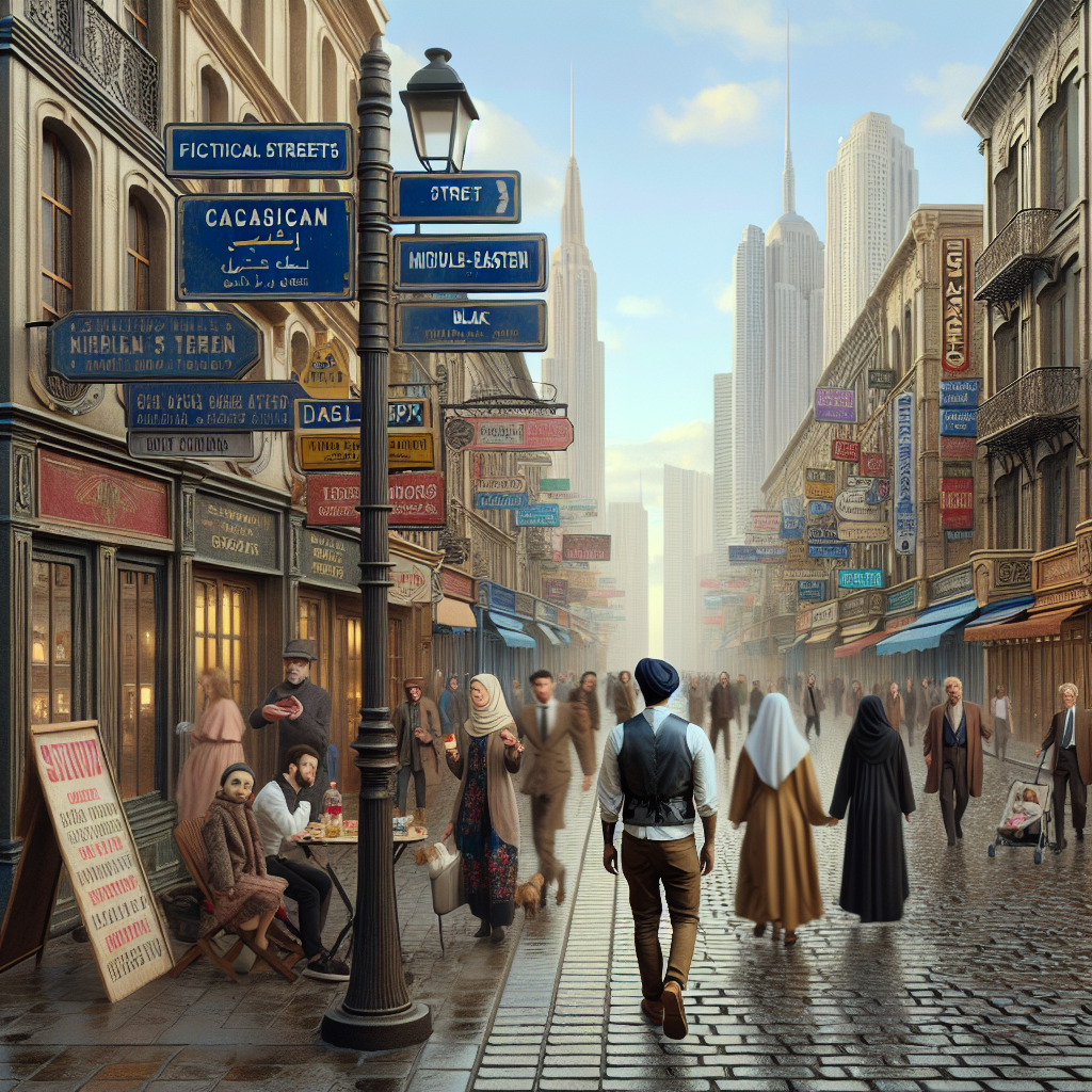 Un paysage urbain avec des panneaux de signalisation indiquant des noms de rues imaginaires.