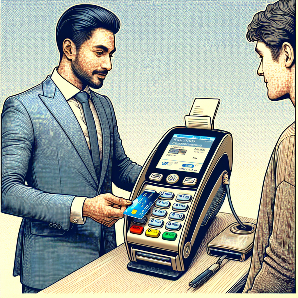 Un terminal de paiement avec une carte bancaire insérée.