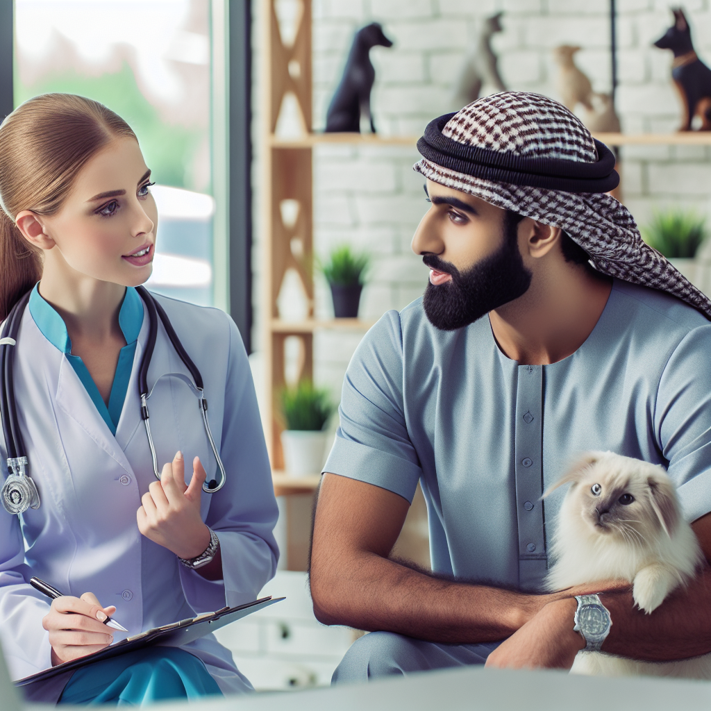 Un vétérinaire discutant avec un propriétaire d'animal dans un cabinet moderne.