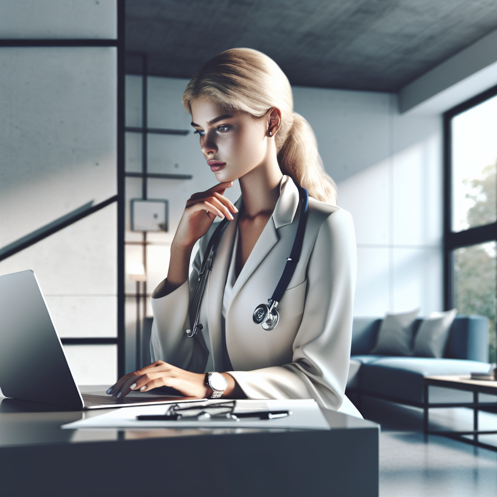 Un vétérinaire travaillant sur un ordinateur portable dans un bureau moderne.
