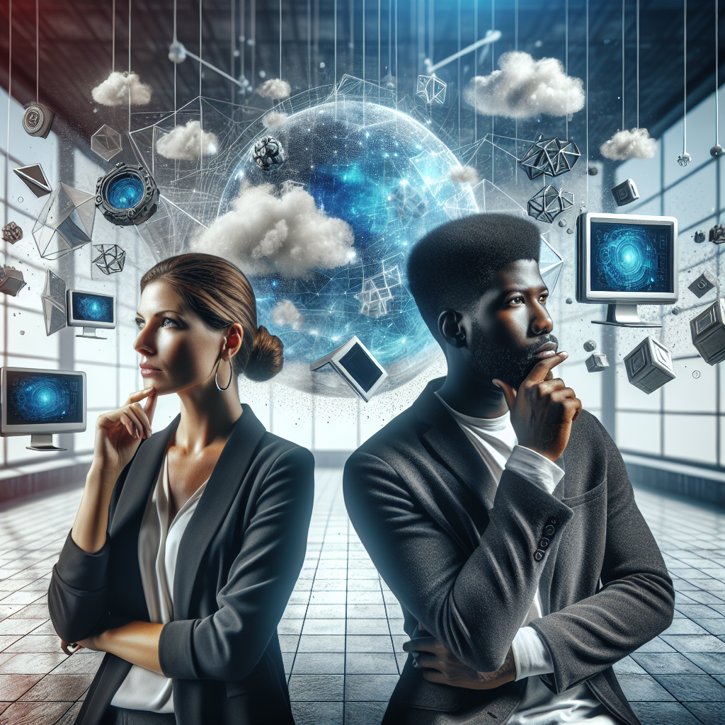 Une image d'un entrepreneur réfléchissant à la création d'un site web, avec des éléments de réalité virtuelle en arrière-plan.
