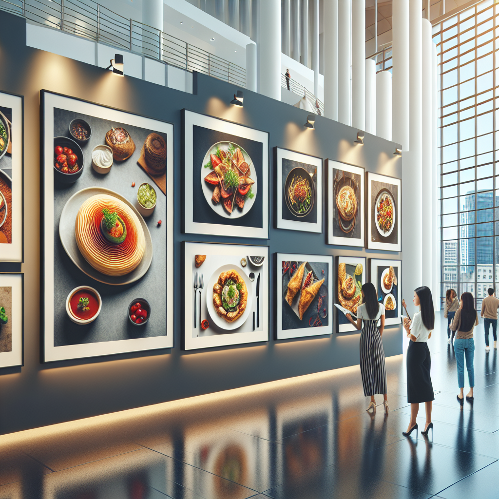 Une image d'une galerie d'art moderne avec des photographies culinaires exposées.