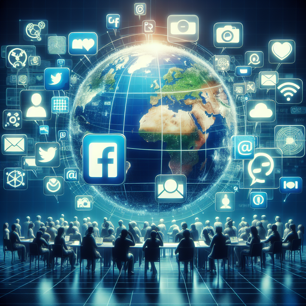 Des icônes de réseaux sociaux entourant un globe numérique.