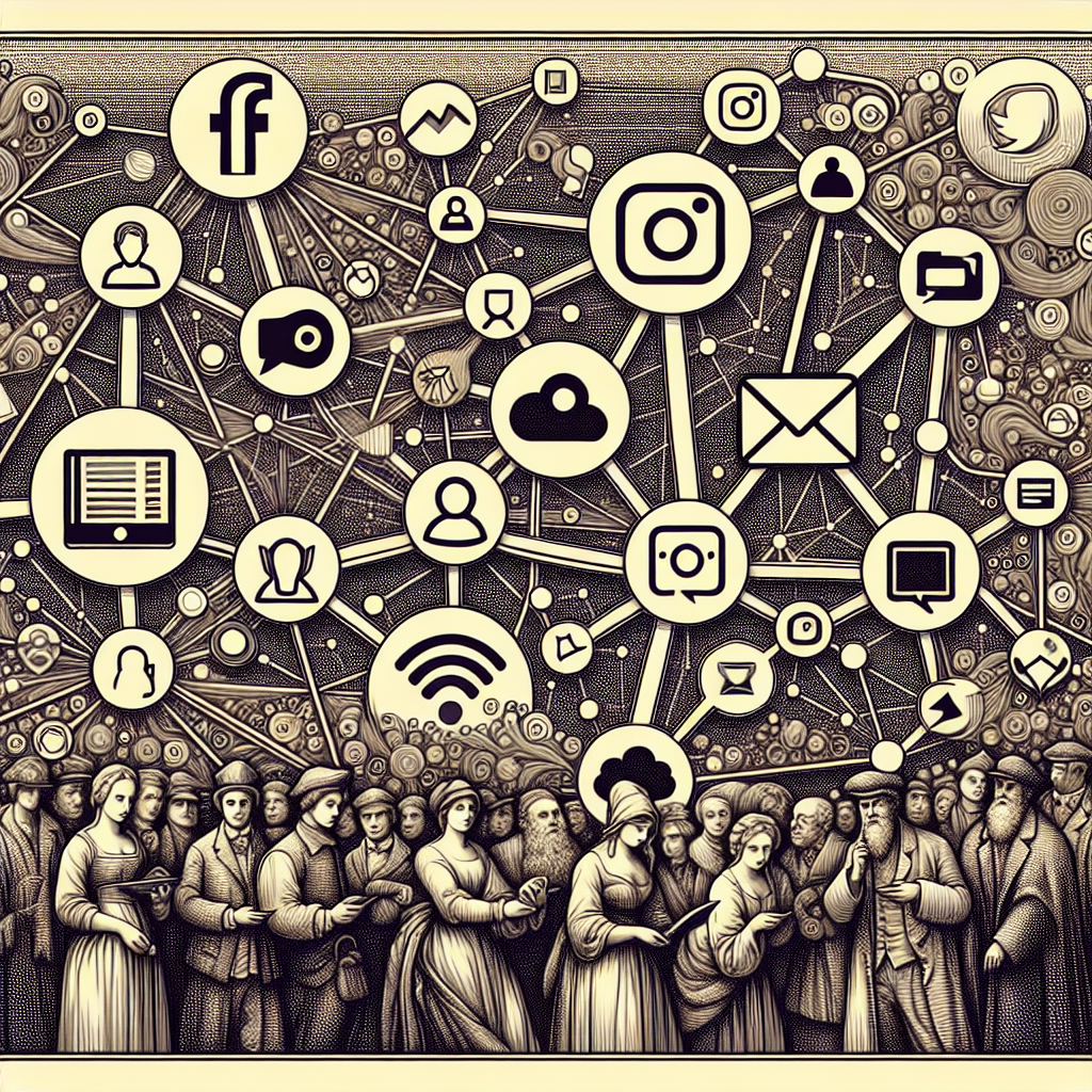 Icônes de réseaux sociaux connectées par des lignes, symbolisant la connexion et l'engagement.