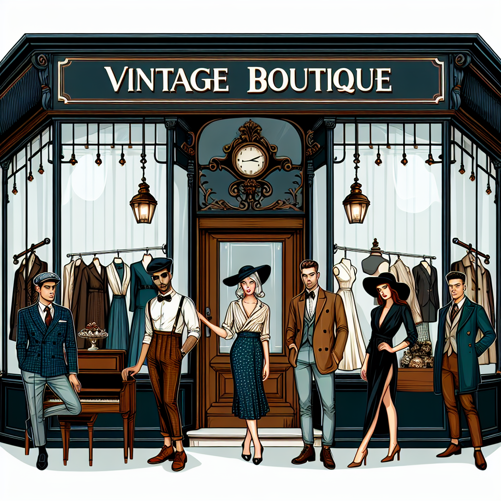 Illustration d'une boutique vintage avec un design élégant et attrayant.