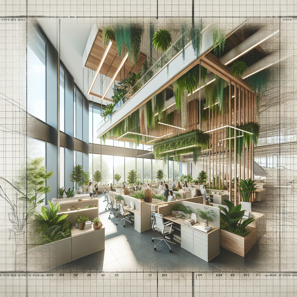 Image d'un bureau moderne avec des éléments de design écologiques, comme des plantes et des matériaux naturels.
