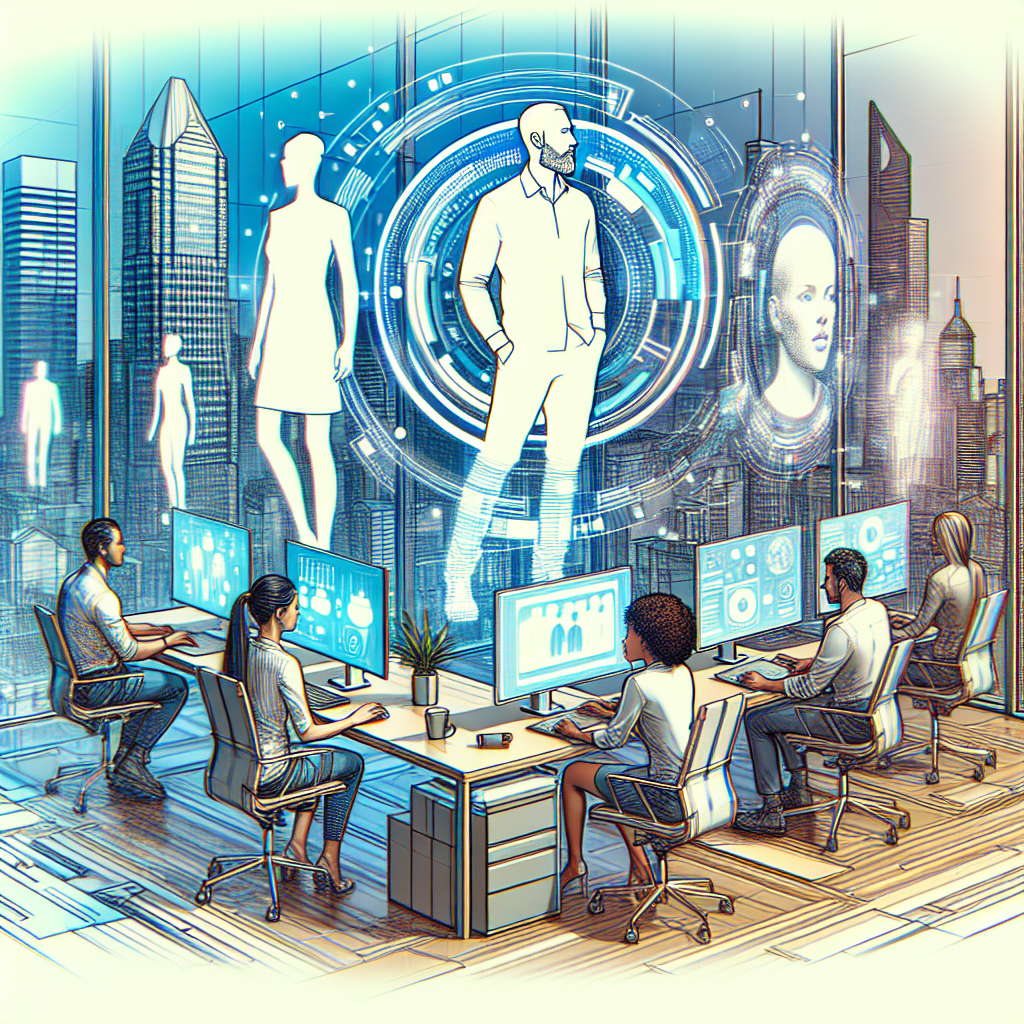 Image d'un bureau moderne avec des éléments de réalité augmentée.