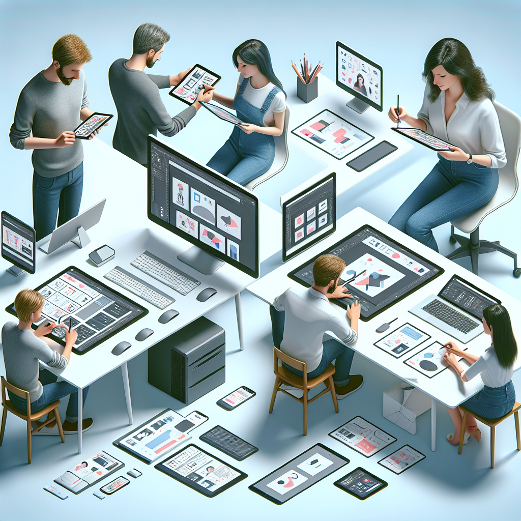 Image d'un designer travaillant sur un site web sur plusieurs appareils (ordinateur, tablette, smartphone).