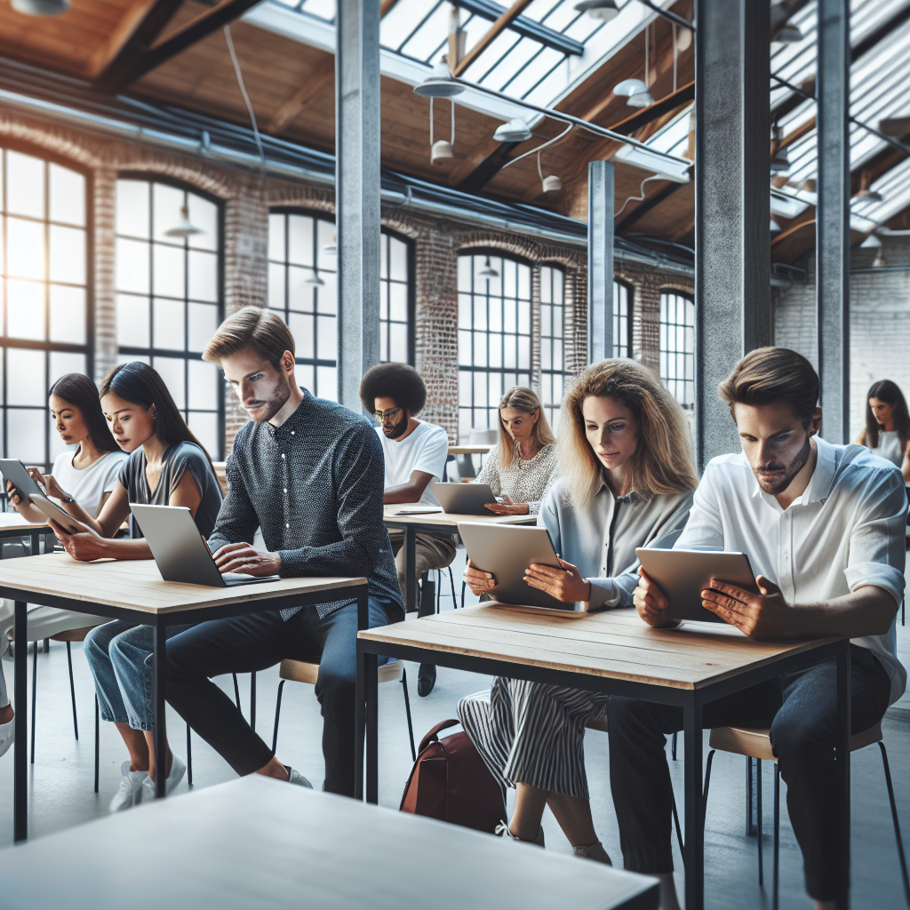 Image d'un groupe de personnes utilisant des tablettes et des ordinateurs portables dans un espace de coworking.
