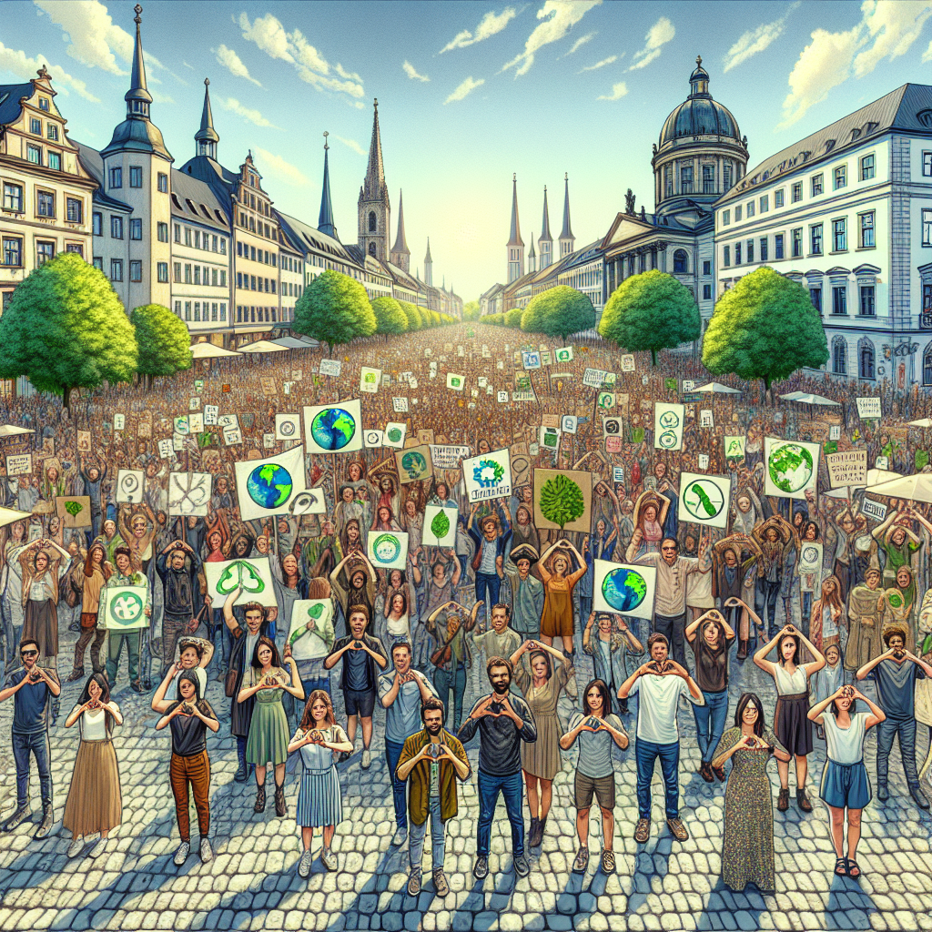 Image d'un paysage urbain avec des bannières de sensibilisation environnementale.