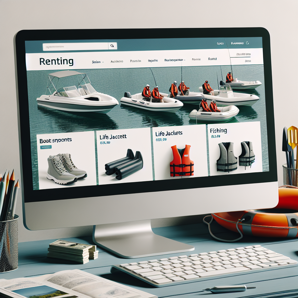 Image d'un site web de location de matériel nautique affiché sur un écran d'ordinateur.