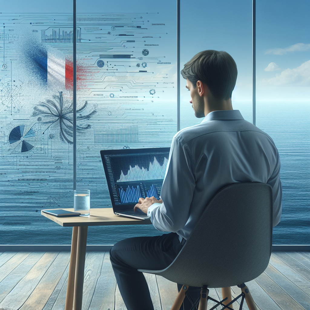 Image d'une personne analysant des données sur un ordinateur portable avec une vue sur la mer.
