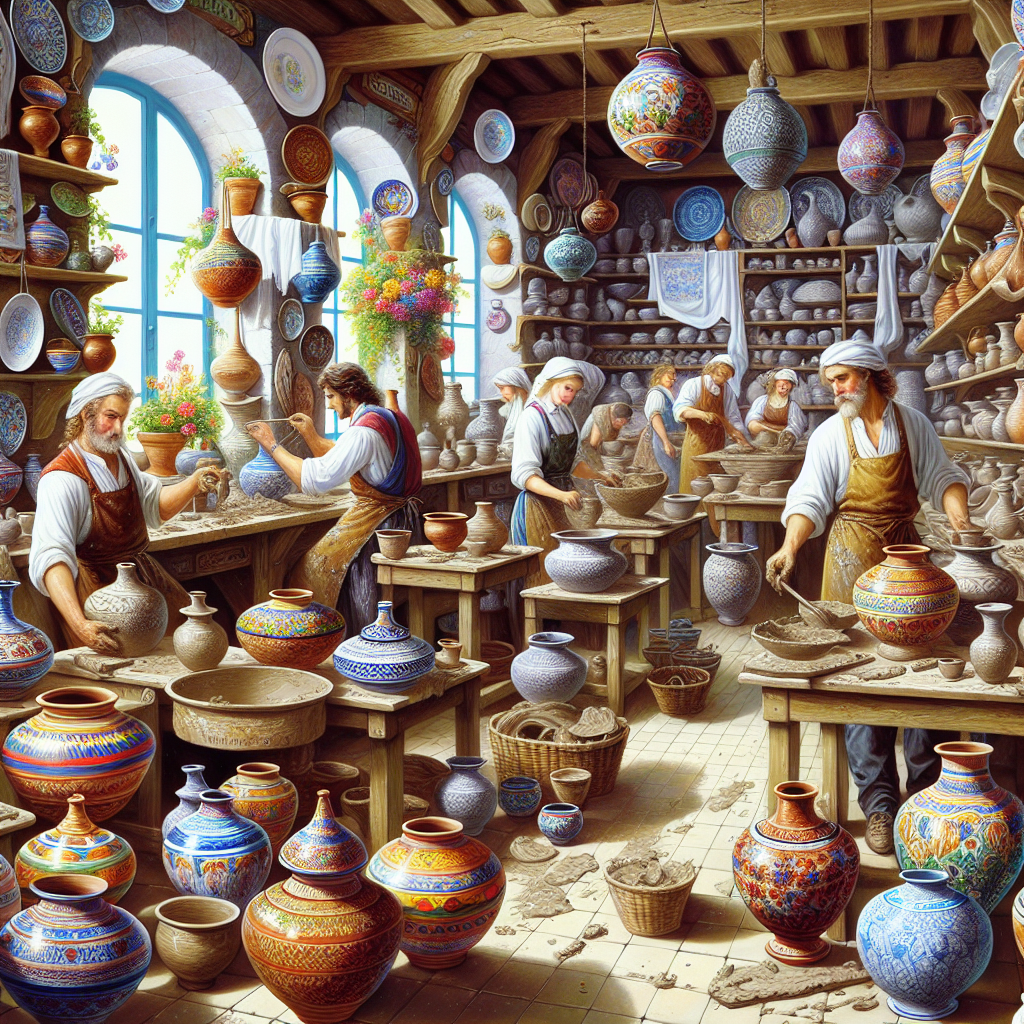Un atelier de poterie avec des poteries colorées et un décor artistique.